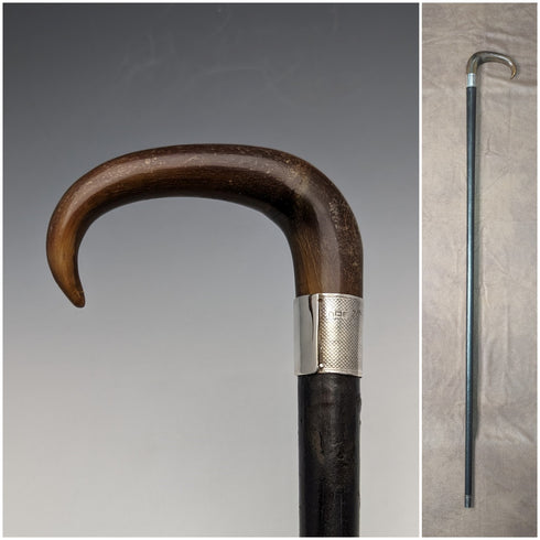 1907 年英國古董男士手杖牛角手柄純銀裝飾黑軸 88 厘米